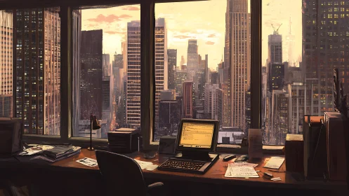 Digital painting of dusk office overlooking dense city grid.