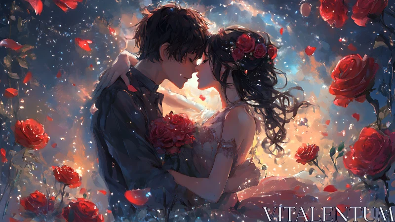 Romantic couple embraced amid luminous red roses and ethereal light particles