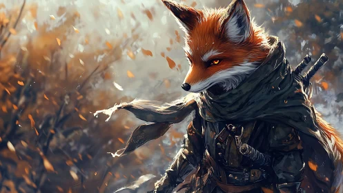 Autumn leaves swirl around a vigilant fox rogue warrior