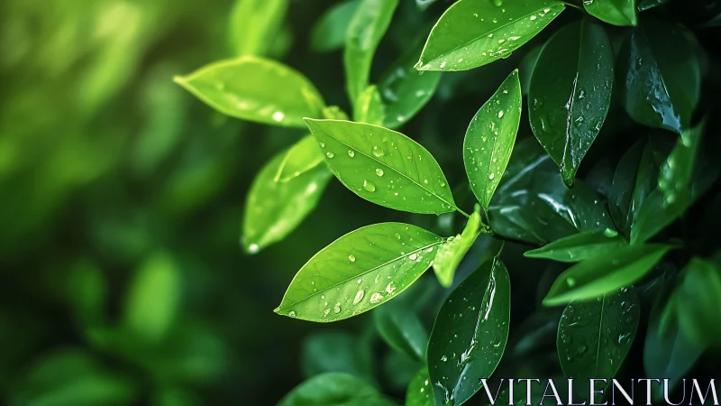 High-contrast macro leaves with surface water droplets and bokeh