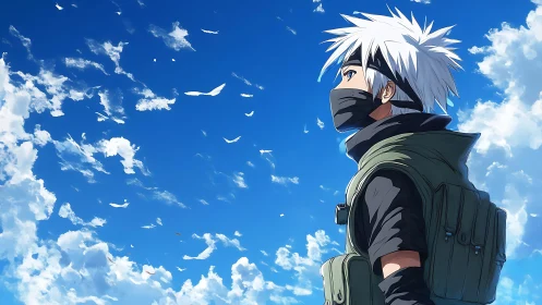 Calm masked wanderer gazing into a bright open sky.