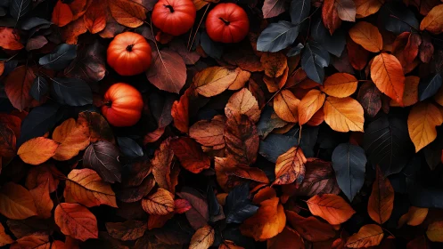 Cozy mini pumpkins resting in a sea of autumn leaves.