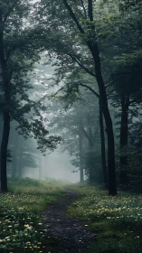 Forest Path Through Mist and Tall Trees.