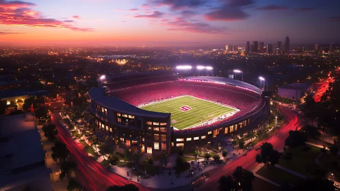 Sunset stadium glow over a city buzzing with game night.