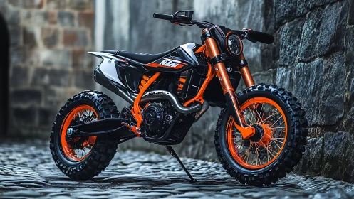 High-travel enduro motorcycle with knobby tires on cobblestone street.