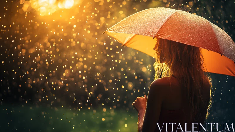 Woman under orange umbrella in golden summer rain.