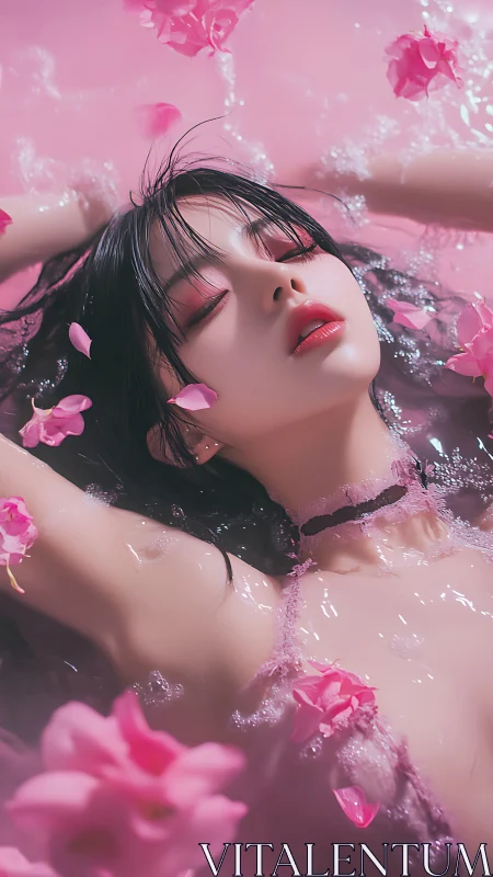 Woman floating in pink water with petals and closed eyes.