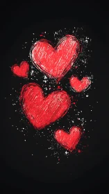 Red Hearts Scattered on Black Background with Texture