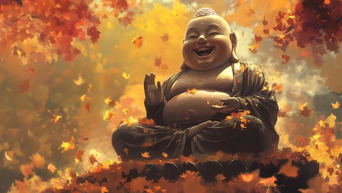 Laughing Buddha statue glows amid swirling autumn leaves