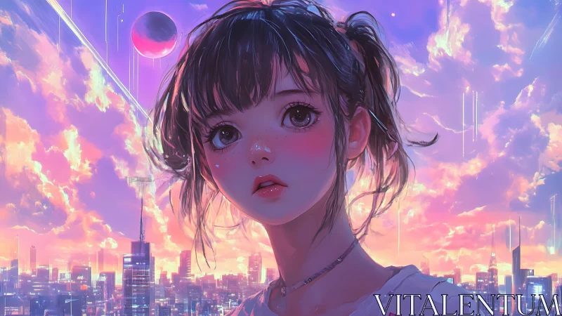 Stargazed girl adrift above a neon pastel sunrise city.
