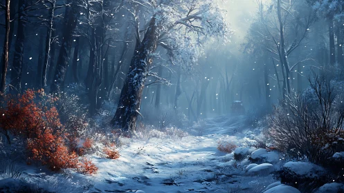 Winter Forest Path with Snow and Red Vegetation
