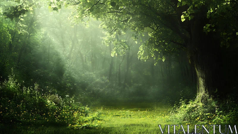 Sunlit Forest Clearing with Lush Greenery and Soft Light.