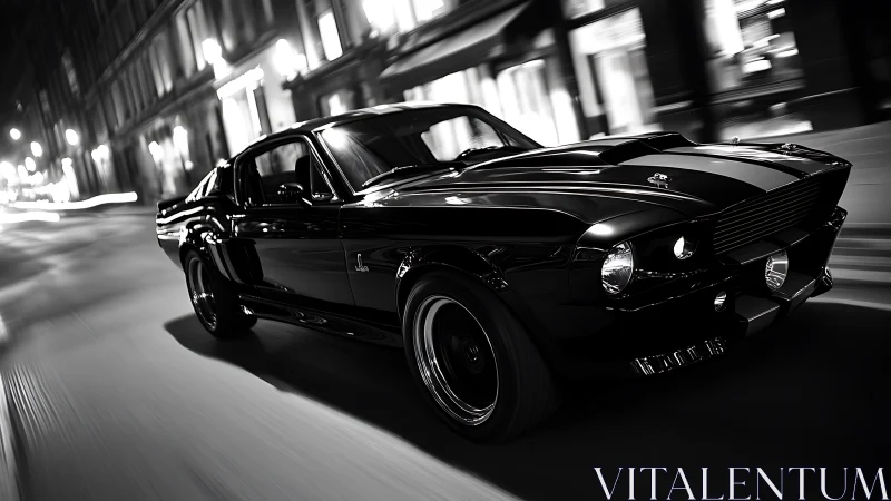 Classic black muscle car racing through city streets at night.