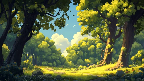 Sunlit Forest Clearing with Towering Trees and Radiant Sky