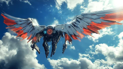 Mechanical winged drone with red-tipped feathers in sky.