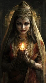 Divine goddess portrait holds sacred flame in ornate sari.