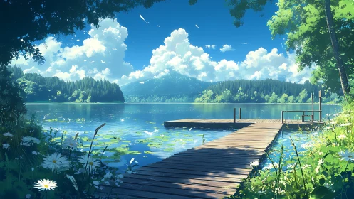 Sunlit lakeside pier under towering summer clouds at noon.