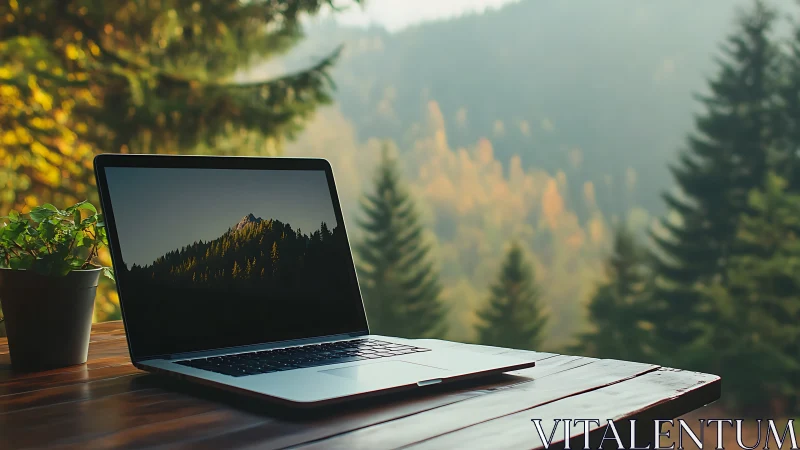 Laptop workstation on rustic table in misty forest setting.