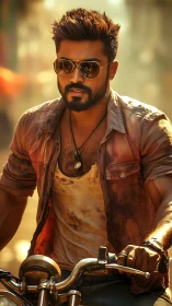 Man on motorcycle in sunlit urban street environment.