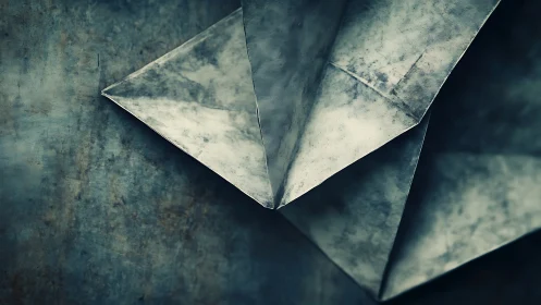 Angular metallic origami structure with textured patina surfaces