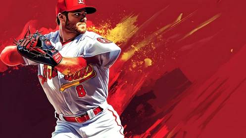 Baseball pitcher winds up amid explosive red energy streaks.