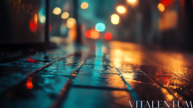 Rain-washed city sidewalk glowing with soft evening lights.
