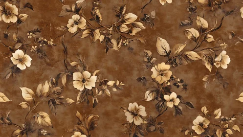Brown toned floral wallpaper pattern with stylized blossoms.