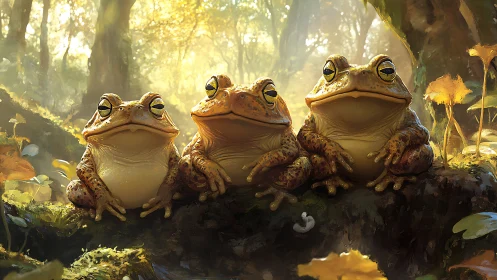 Digital painting of three forest toads in warm backlit clearing.