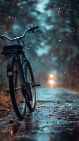 Bicycle positioned in urban environment during precipitation with atmospheric lighting.