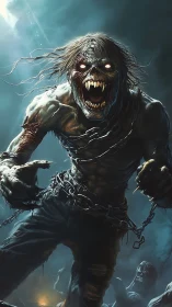 Undead creature with chains lunges forward in foggy night