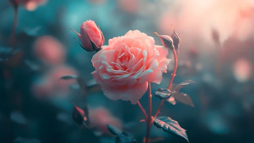 Coral-toned garden rose with turgid buds rendered in depth-of-field cinematography.
