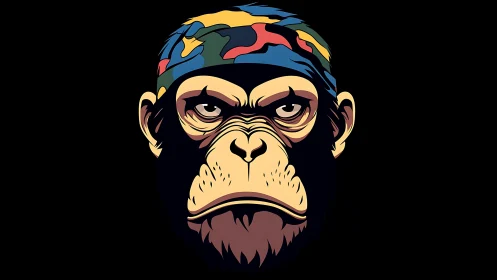 Vector-rendered chimpanzee portrait with multicolor camo bandana.