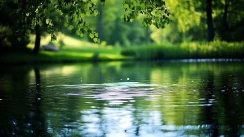 Gentle ripples spread across a tranquil forest pond at dusk