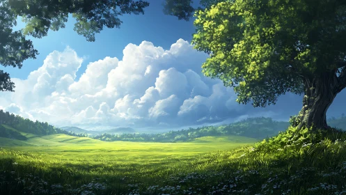 Sunlit meadow daydream under a sheltering oak tree.