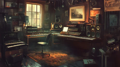 Moody synth sanctuary where analog machines hum and glow.