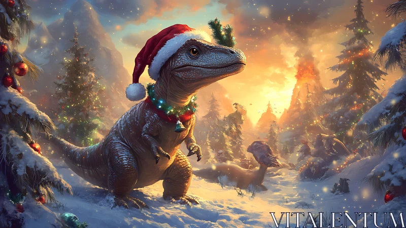 Dinosaur in winter forest wearing Santa hat and lights.