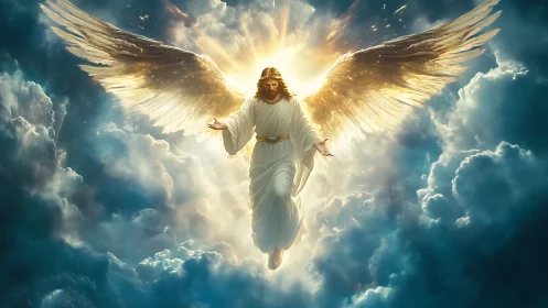 Radiant winged savior descends through glowing storm clouds.