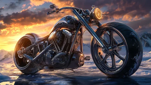 Chrome titan motorcycle idles over frostbitten sunset plains.