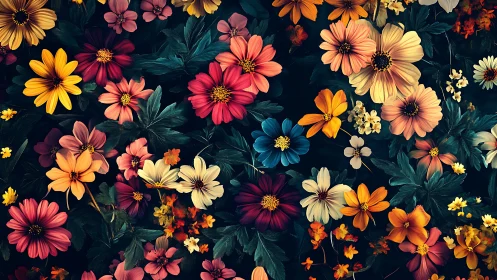 Vibrant Floral Symphony on Dark Garden Background.