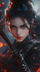 Stoic warrior woman stands amid sparks and swirling embers.