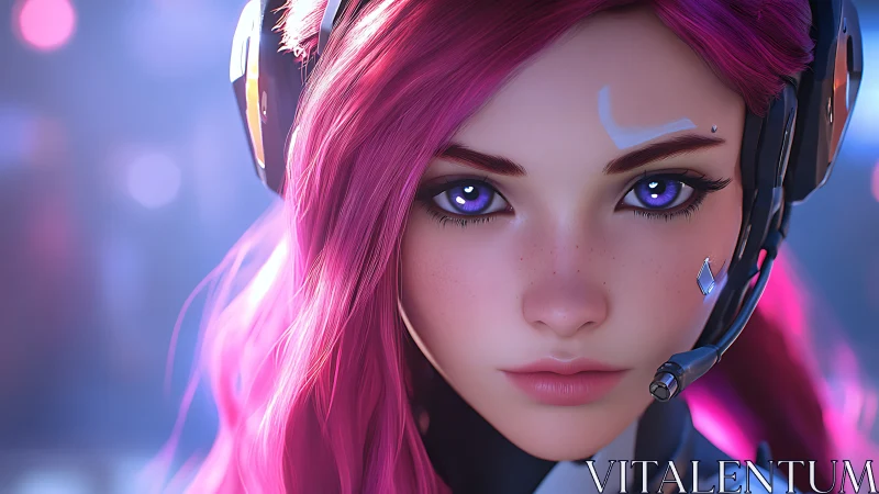 Pink haired gamer portrait with headset in neon environment.