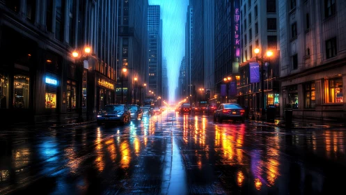 Rainy city street at night with vivid neon reflections.