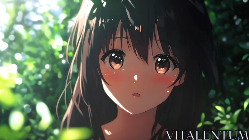 Anime girl stands in dappled forest light, eyes wide with wonder
