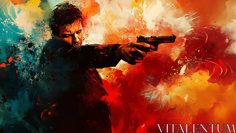 Gunman extends pistol through explosive red teal clouds