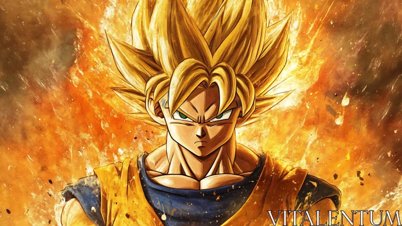 Golden-haired warrior stands in a blazing, explosive aura