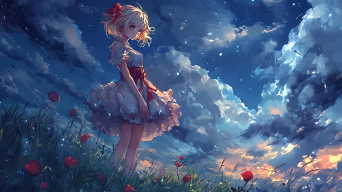 Girl in a twilight meadow beneath a storm-kissed sky.