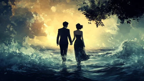 Couple Walking Through Luminous Seascape at Golden Hour