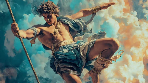 Mythic sky warrior leaping through radiant storm clouds.