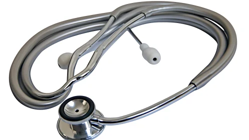 Stainless steel stethoscope with dual-lumen tubing on white background