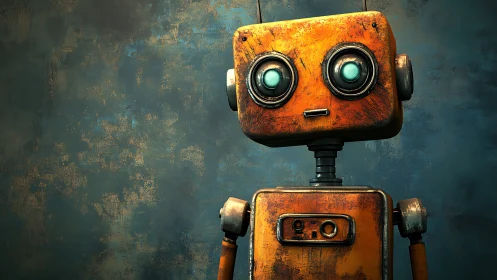 Weathered orange service robot with retro optical chassis.